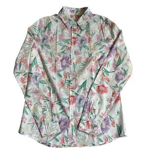 Contemporaine White, Multicolor Floral Print, Long Sleeve Button Up Blouse- S